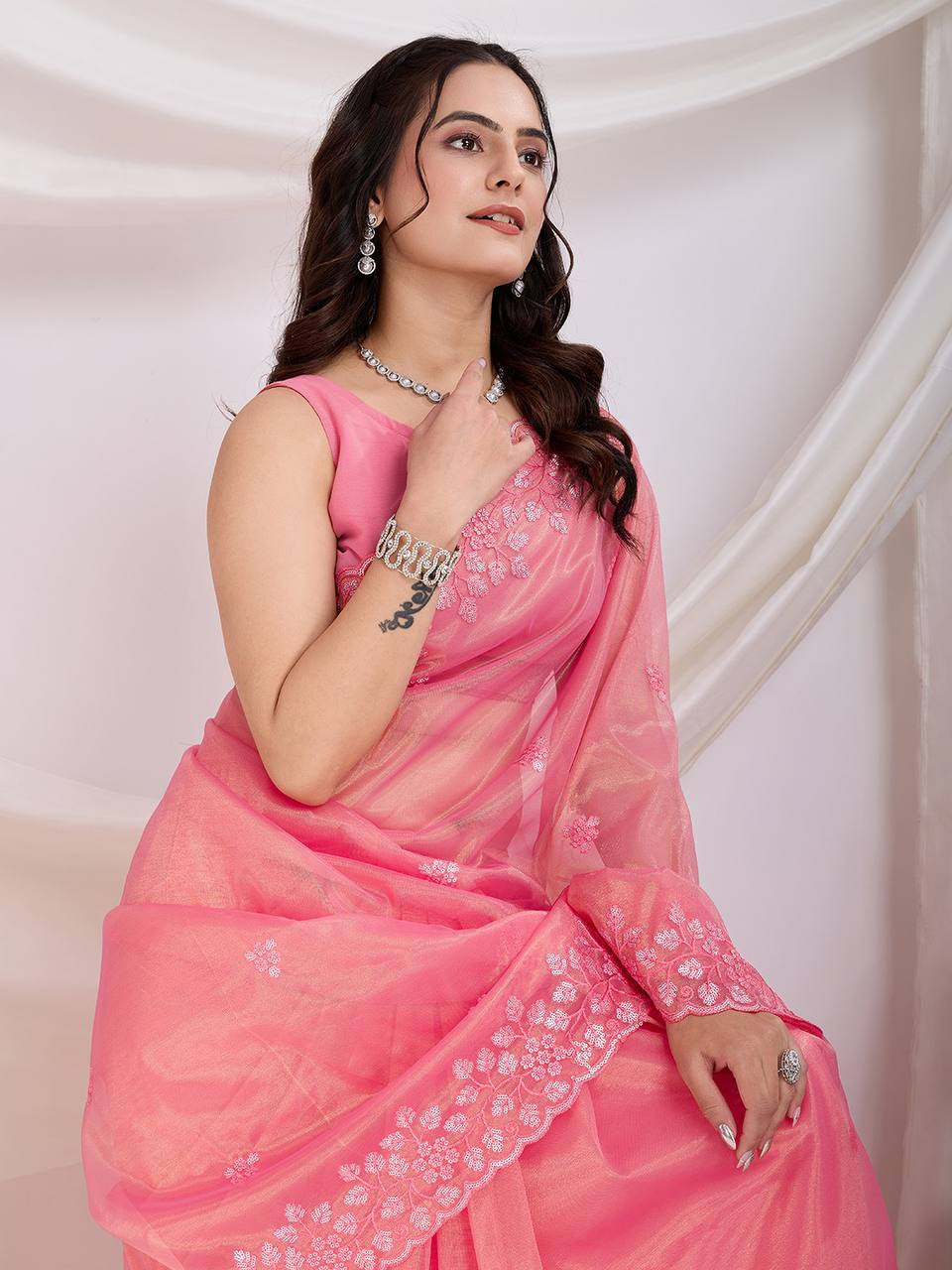 Pink Party Wear Gold Twill Net Saree