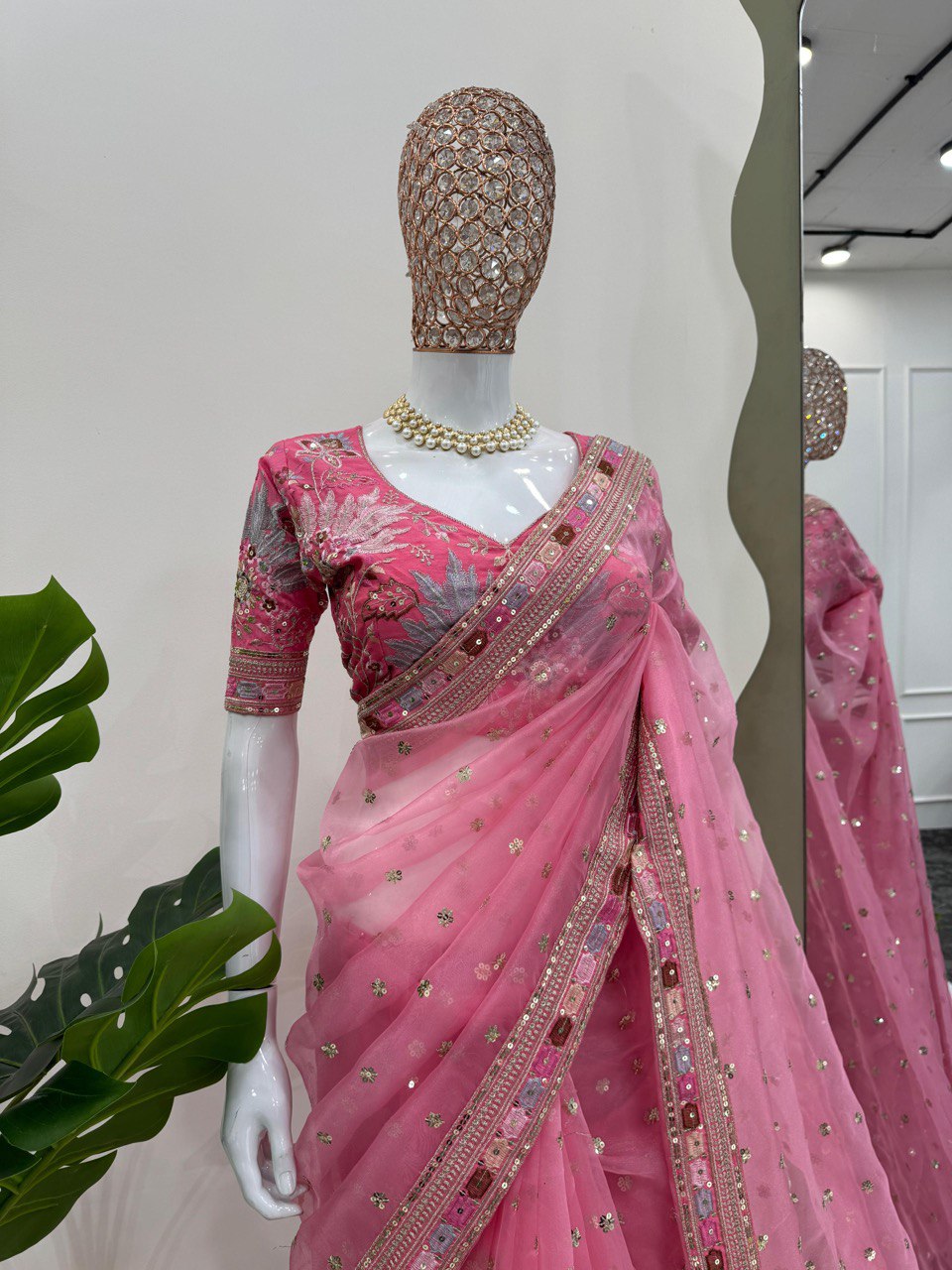 Pink Party Wear Organza Silk Saree