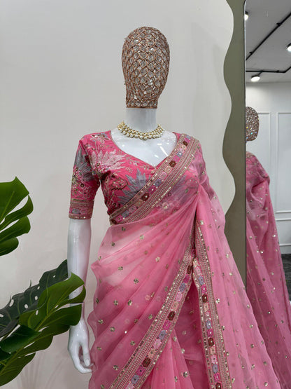 Pink Party Wear Organza Silk Saree