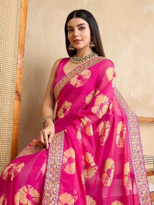 Pink Party Wear Soft Georgette Bandhej Saree