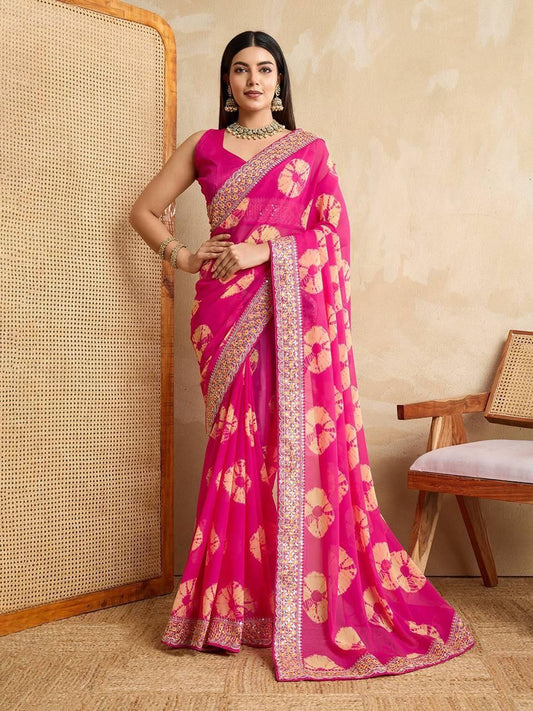 Pink Party Wear Soft Georgette Bandhej Saree