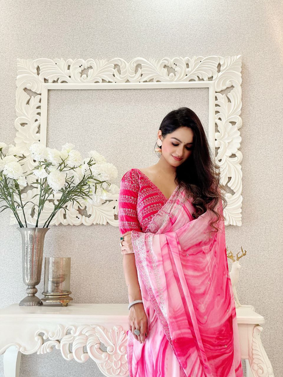 Pink Prism Printed Rangoli Silk Saree