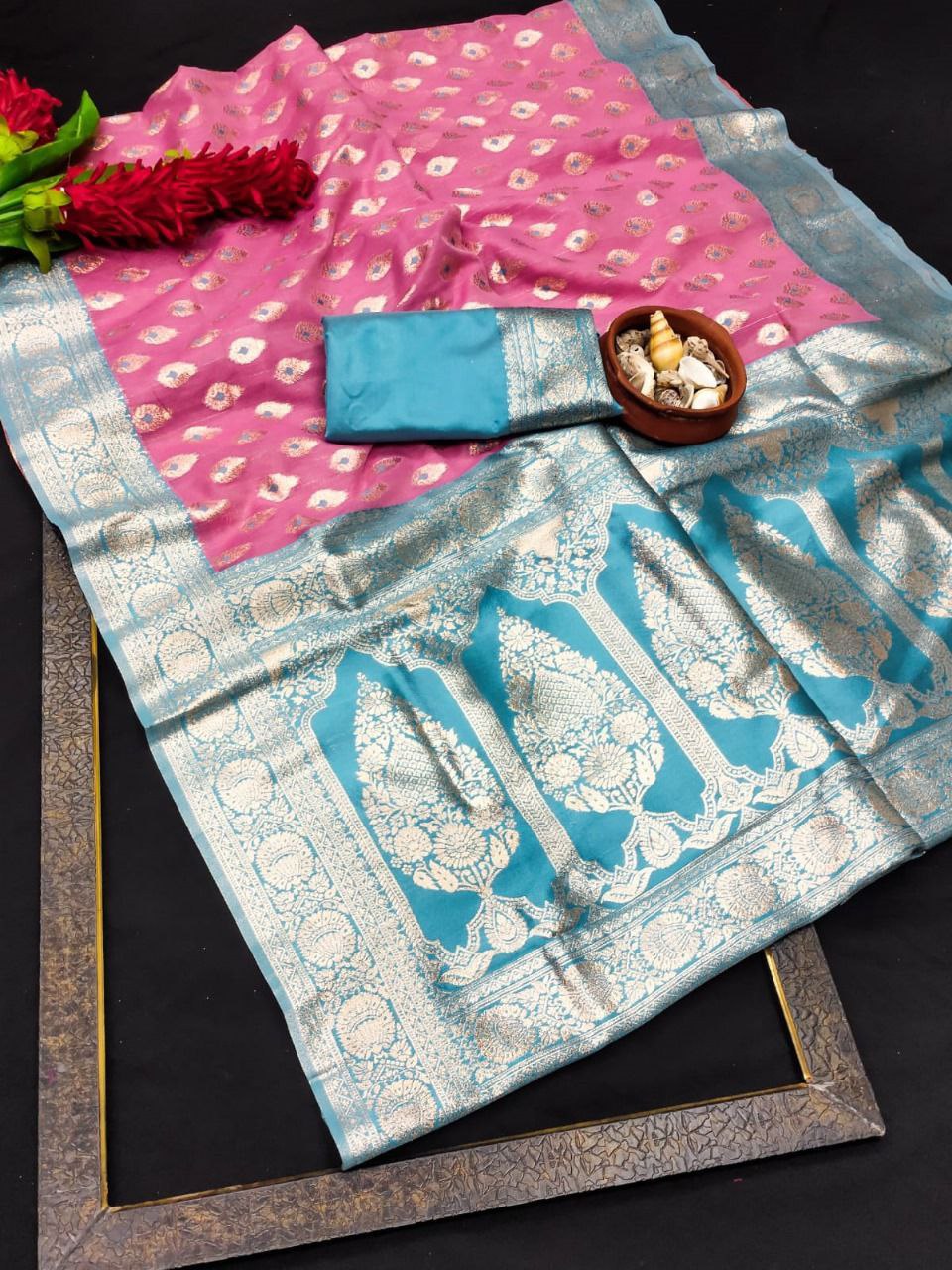 Pink Pure Linen Banarasi Silk Saree