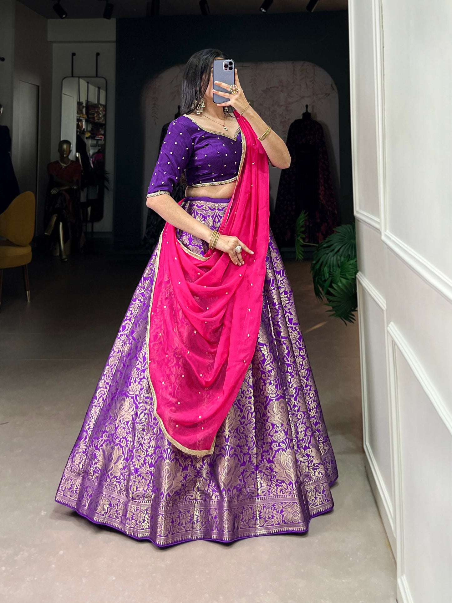 Pink & Purple Traditional Jacquard Silk Lehenga Choli