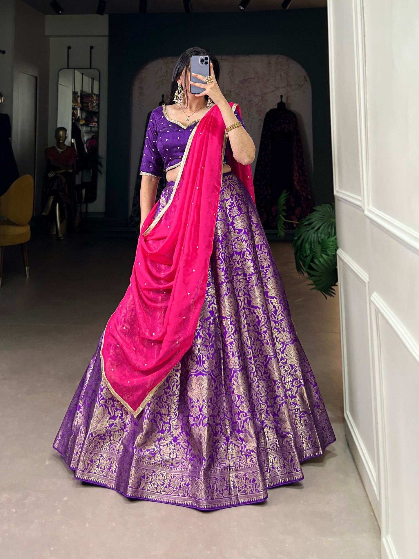 Pink & Purple Traditional Jacquard Silk Lehenga Choli