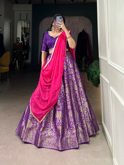 Pink & Purple Traditional Jacquard Silk Lehenga Choli