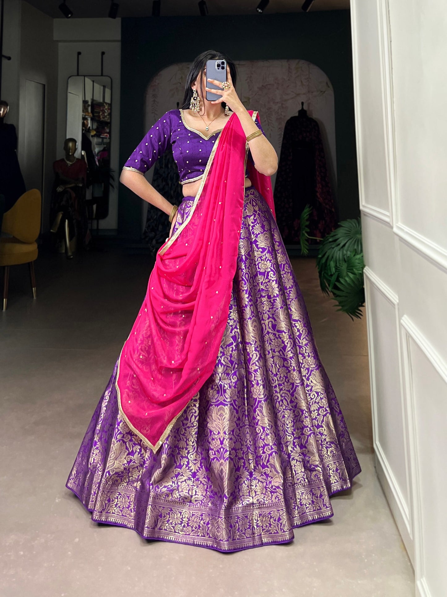Pink & Purple Traditional Jacquard Silk Lehenga Choli
