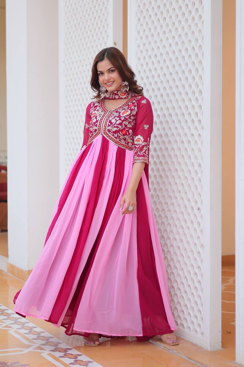 Pink & Rani Designer Georgette Gown With Dupatta