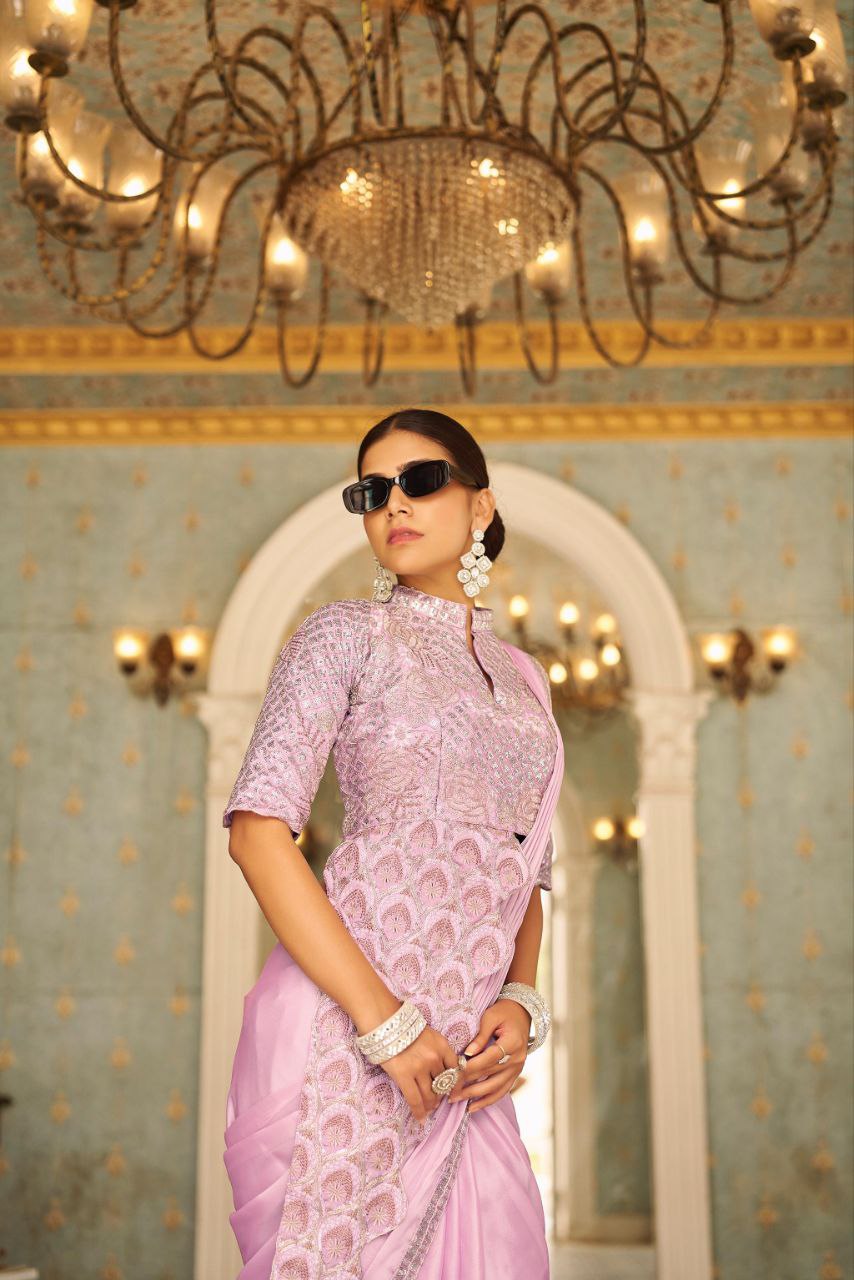 Pink Ready Made Chinon Silk Saree