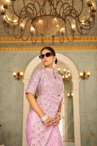 Pink Ready Made Chinon Silk Saree