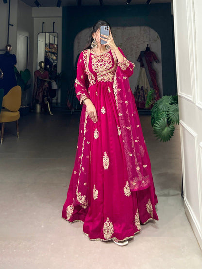 Pink Ready To Wear Vichitra Silk Gown Dress