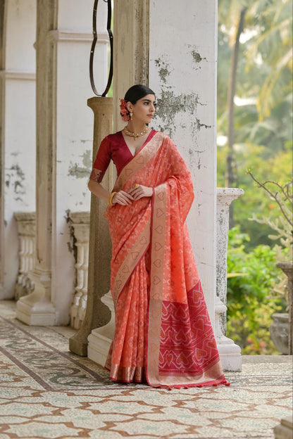 Peach Resham Weaving Raw Silk Saree
