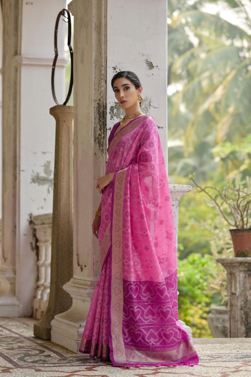 Pink Resham Weaving Raw Silk Saree