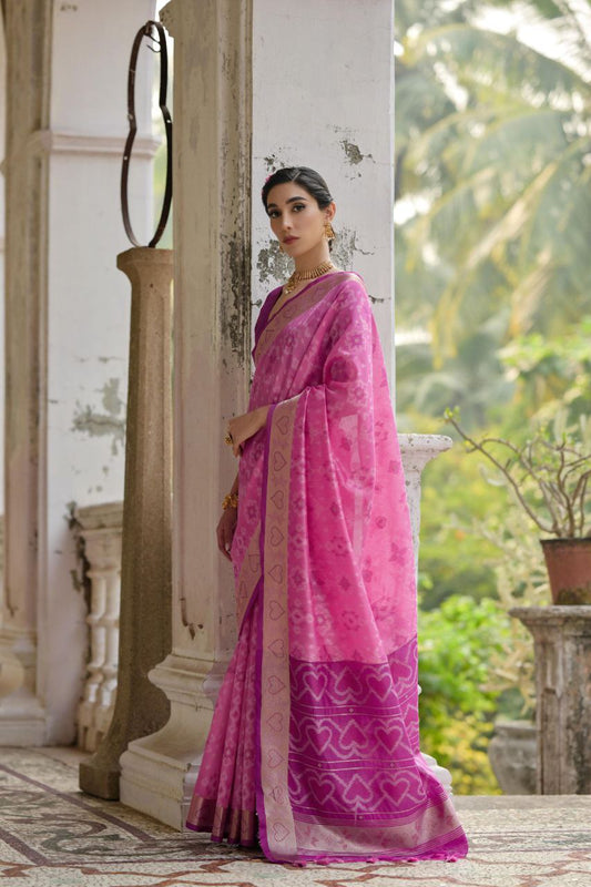 Pink Resham Weaving Raw Silk Saree