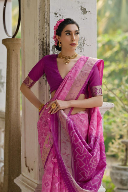 Pink Resham Weaving Raw Silk Saree