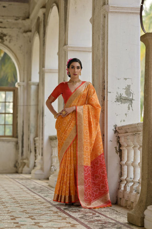 Orange Resham Weaving Raw Silk Saree