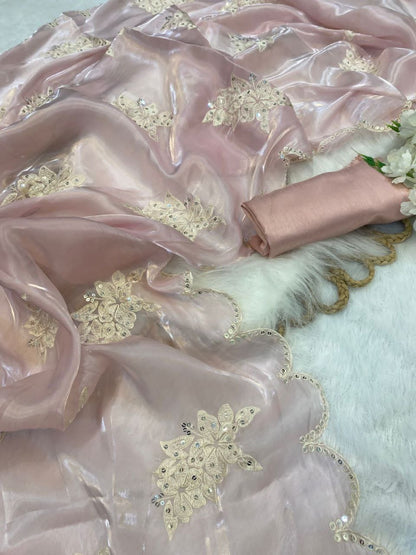 Pink Satin Organza Saree | Replica Design