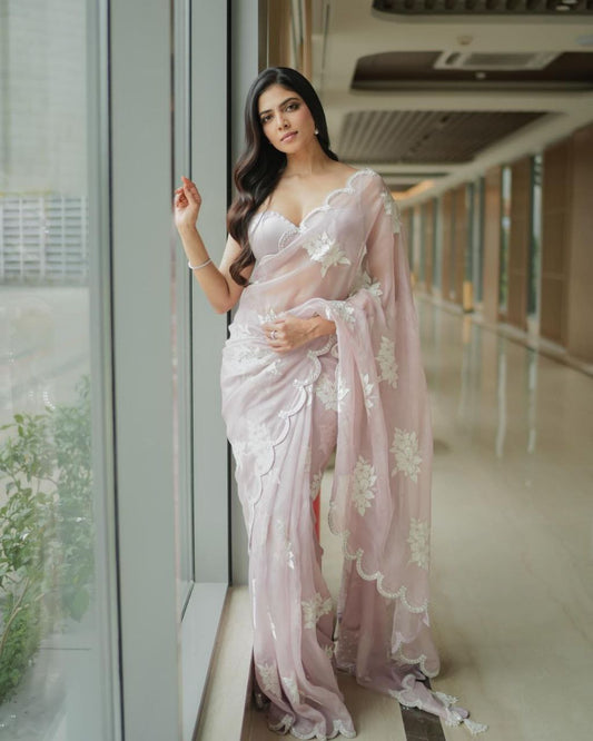 Pink Satin Organza Saree | Replica Design