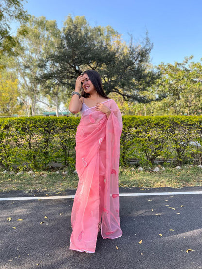 Pink Stylish Party Wear Organza Silk Saree