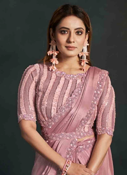 Pink Stylish Pre-Stitched Georgette Saree With Belt | Original Saree