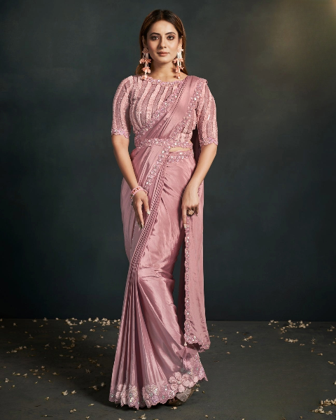 Pink Stylish Pre-Stitched Georgette Saree With Belt | Original Saree