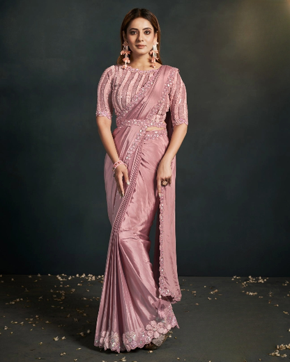 Pink Stylish Pre-Stitched Georgette Saree With Belt | Original Saree