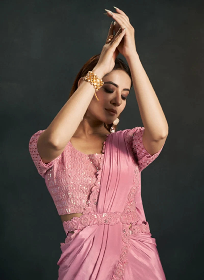 Pink Stylish Pre-Stitched Saree With Belt | Original Saree