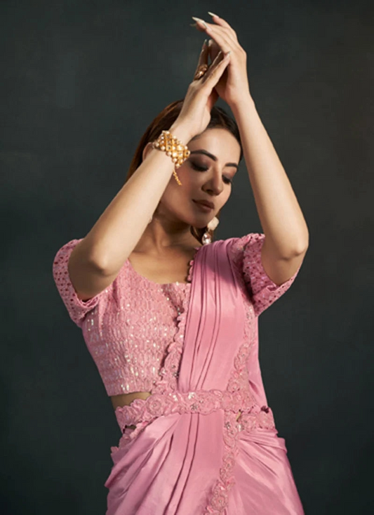 Pink Stylish Pre-Stitched Saree With Belt | Original Saree