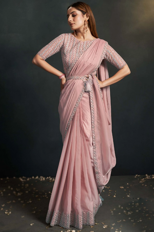Pink Stylish Pre-Stitched Saree With Belt | Original Saree