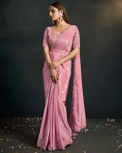 Pink Stylish Pre-Stitched Saree With Belt | Original Saree