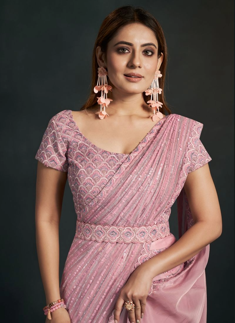 Pink Stylish Pre-Stitched Saree With Belt | Original Saree