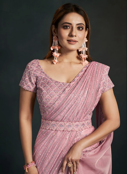 Pink Stylish Pre-Stitched Saree With Belt | Original Saree