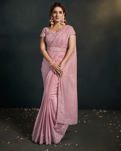 Pink Stylish Pre-Stitched Saree With Belt | Original Saree