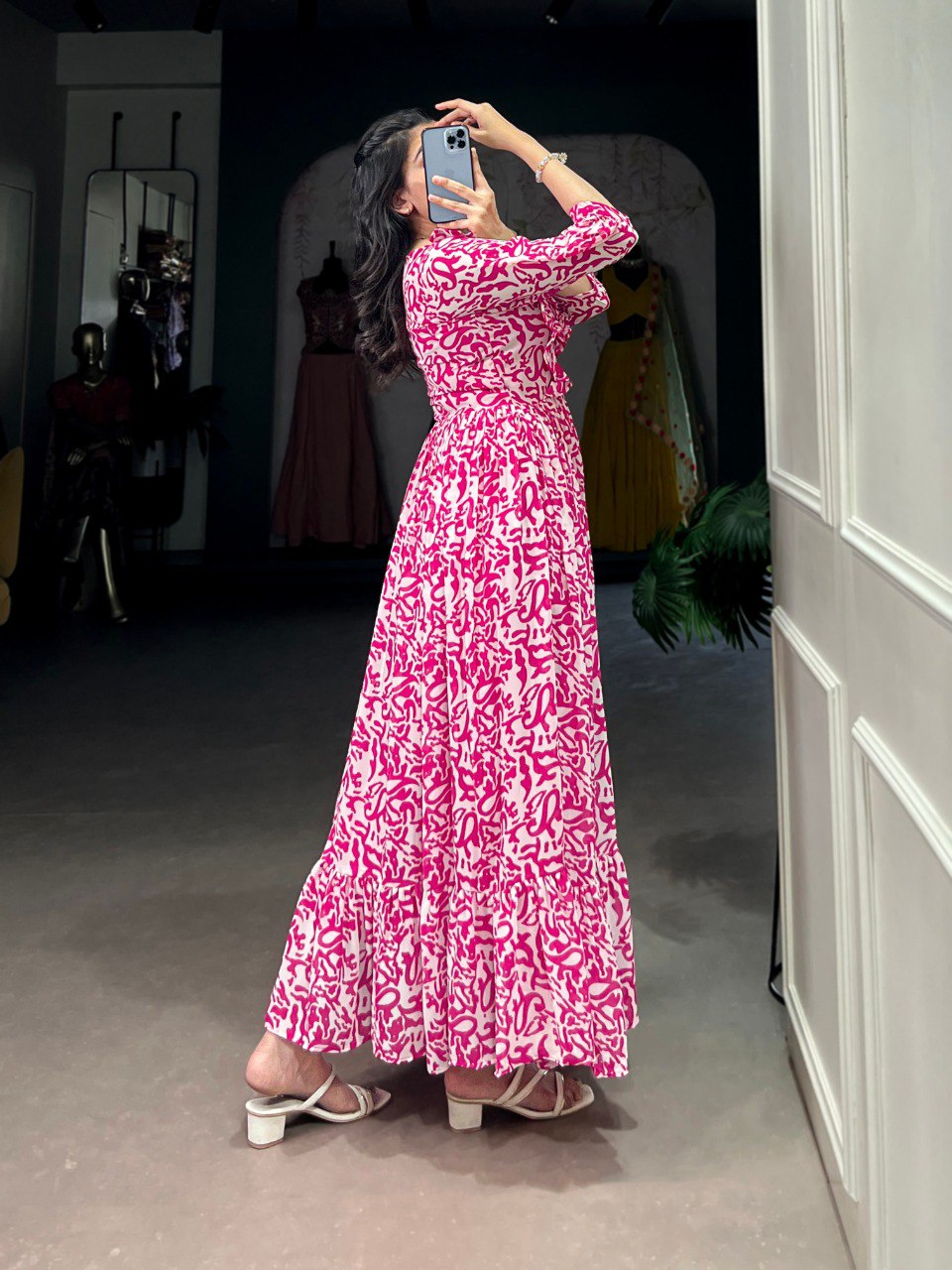 Pink Stylish Printed Georgette Frock Dress