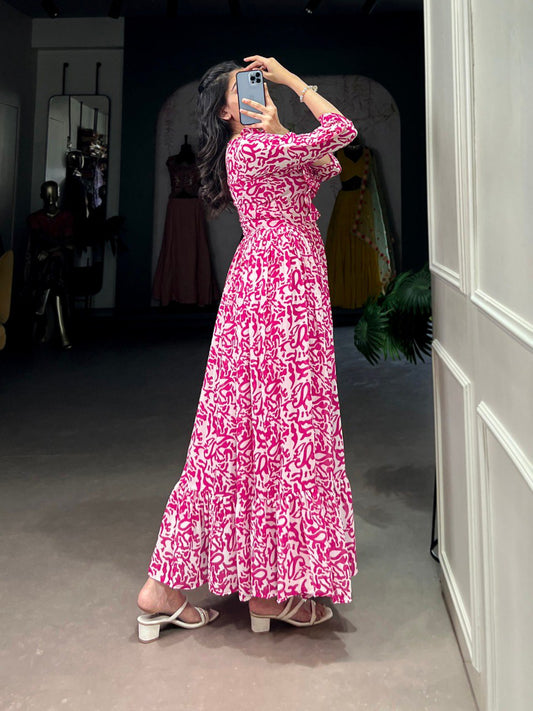 Pink Stylish Printed Georgette Frock Dress