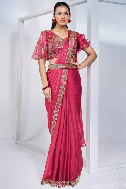 Pink Stylish Ready Made Satin Silk Saree With Belt | Original Saree