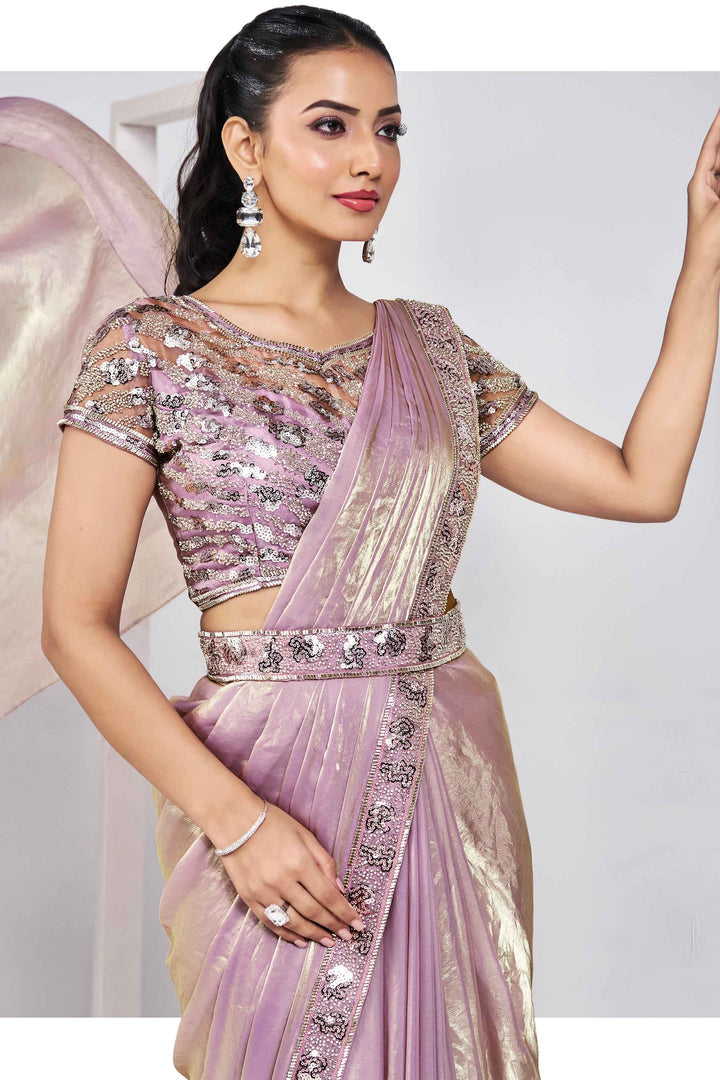 Pink Stylish Ready Made Satin Silk Saree With Belt | Original Saree