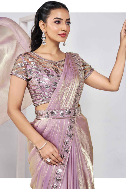 Pink Stylish Ready Made Satin Silk Saree With Belt | Original Saree
