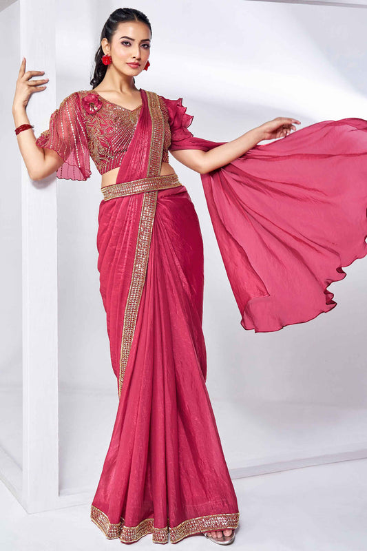 Pink Stylish Ready Made Satin Silk Saree With Belt | Original Saree