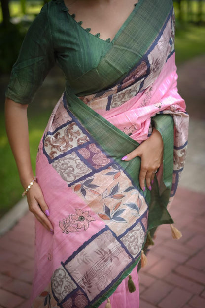 Pink Stylish Tussar Silk Saree