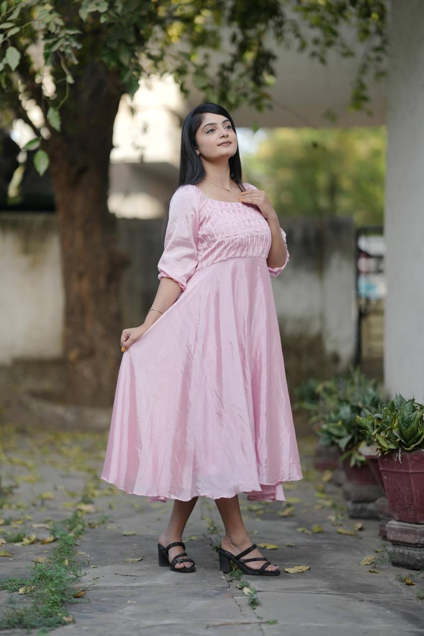 Pink Summer Wear Chinon Flary Kurti