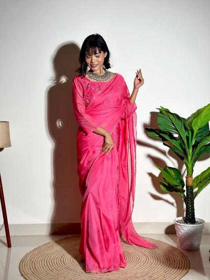 Pink Tabby Organza Silk Saree