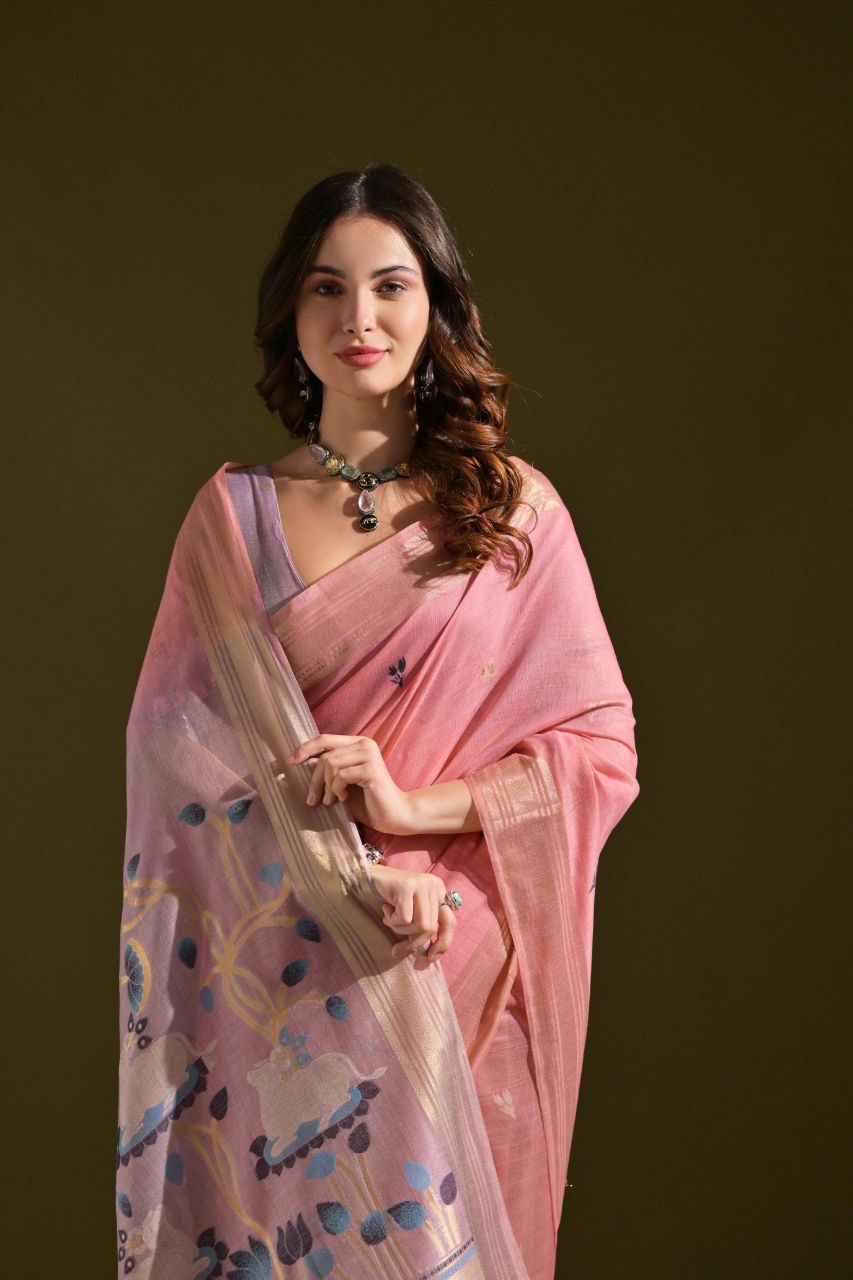 Pink Traditional Muga Cotton Saree