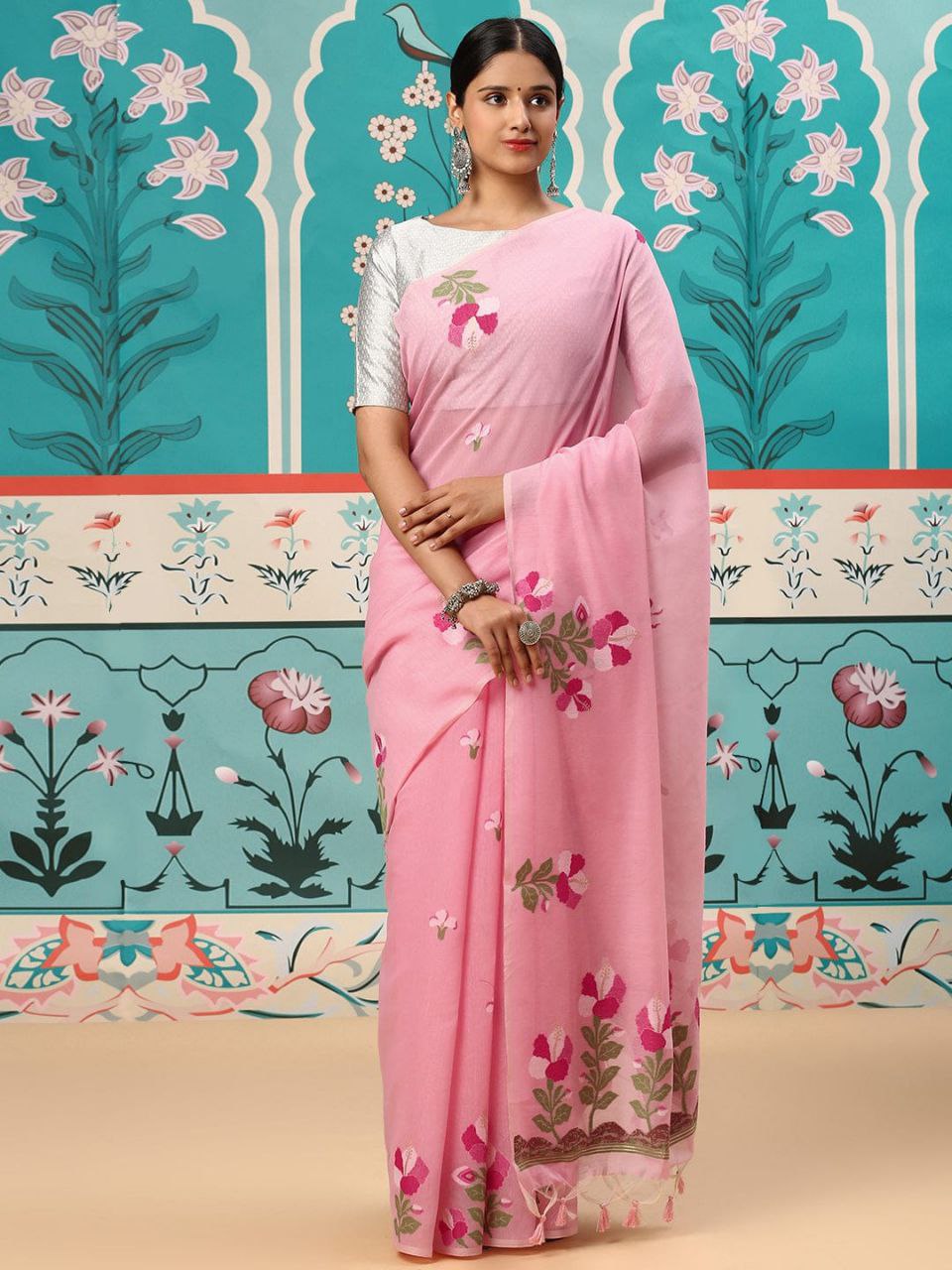 Pink Traditional Mul Cotton Saree