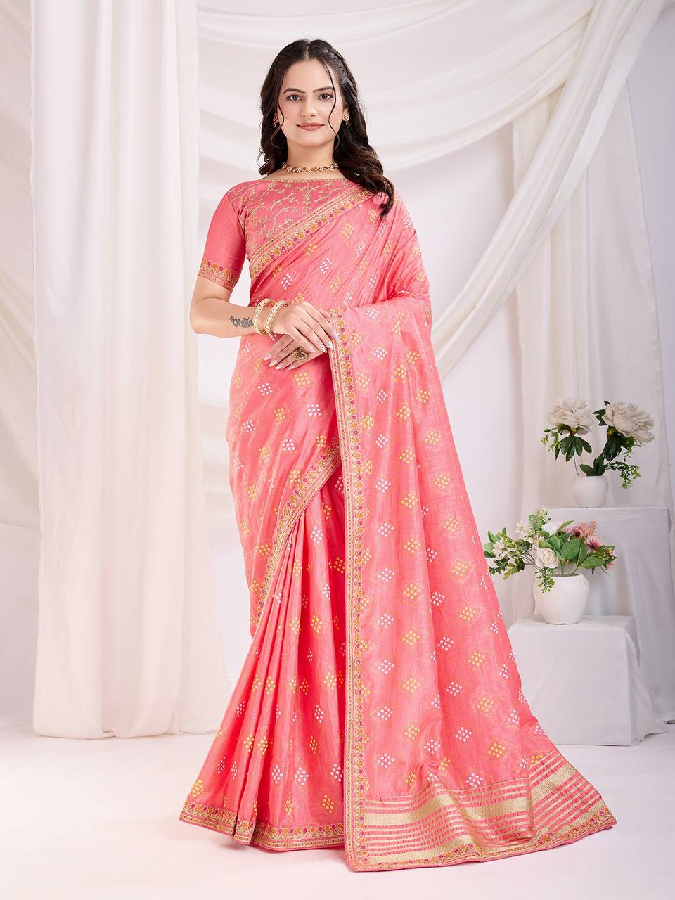 Pink Wedding Wear Vichitra Silk Saree