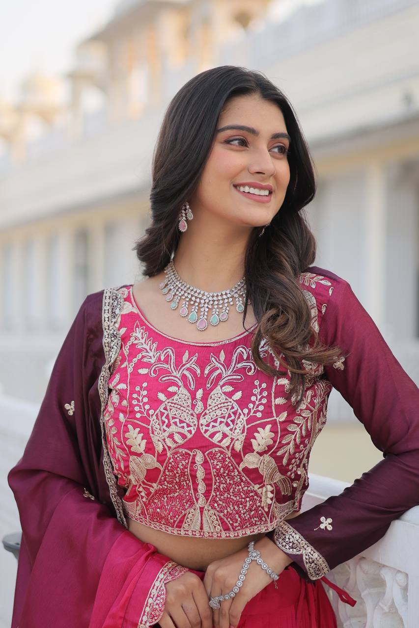 Pink & Wine Lavender Chinon Lehenga Choli For Wedding