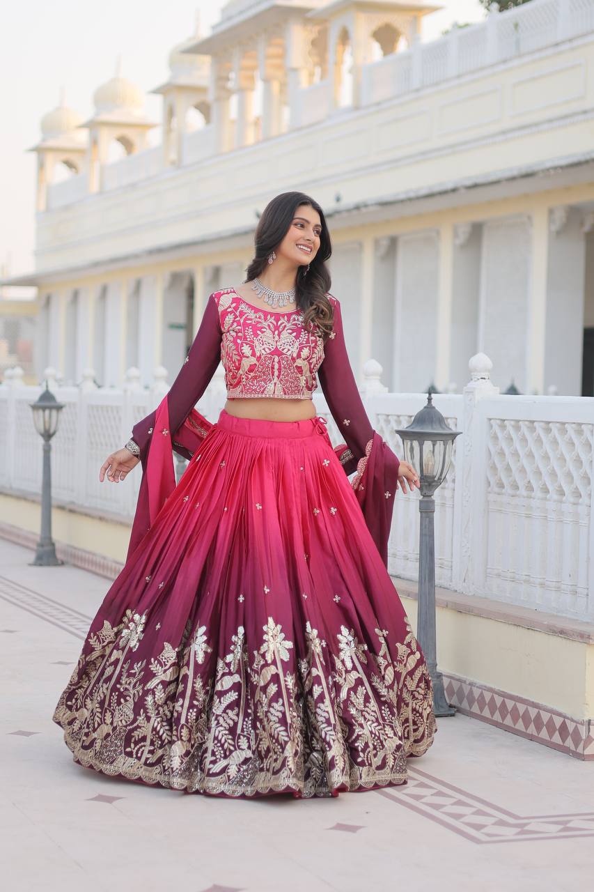 Pink & Wine Lavender Chinon Lehenga Choli For Wedding