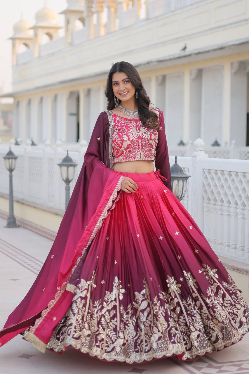 Pink & Wine Lavender Chinon Lehenga Choli For Wedding