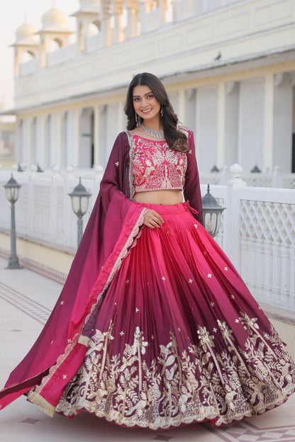 Pink & Wine Lavender Chinon Lehenga Choli For Wedding