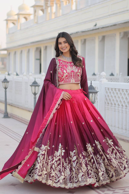 Pink & Wine Lavender Chinon Lehenga Choli For Wedding